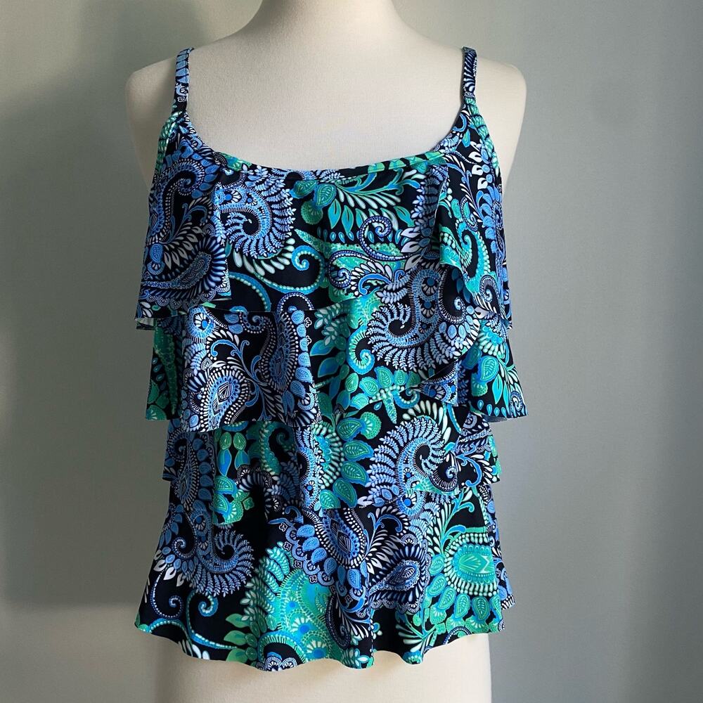 Miraclesuit Tankini Top 8 Tiered Swim Bathing Paisley Floral Beachy Swim Ruffle